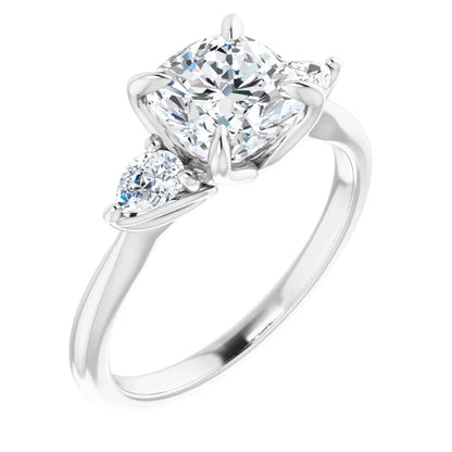 Cushion Tri -Stone Style Pear Accent Engagement Ring
