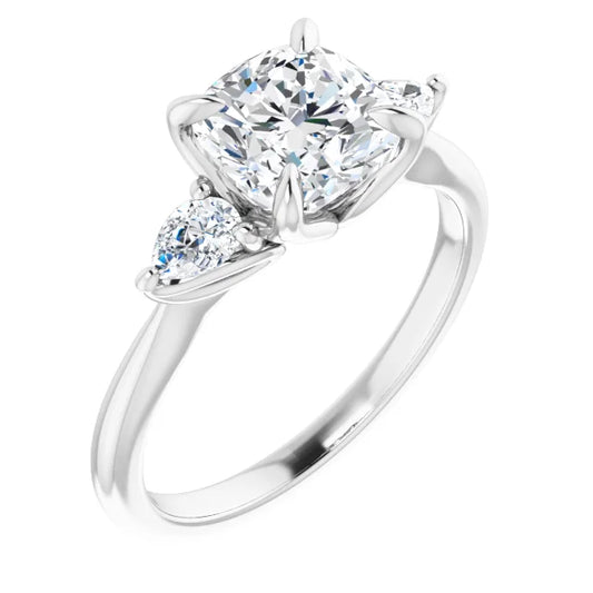 Cushion Tri -Stone Style Pear Accent Engagement Ring