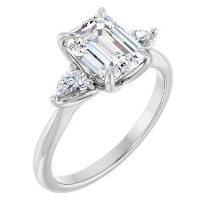 Emerald Tri -Stone Style Pear Accent Engagement Ring