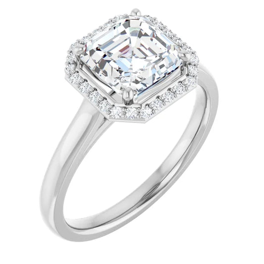 Asscher Halo Solitaire Engagement Ring White Gold. Moissanite