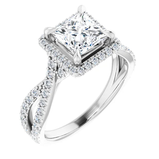 Princess White Gold Twist Band Halo Moissanite Engagement Ring  