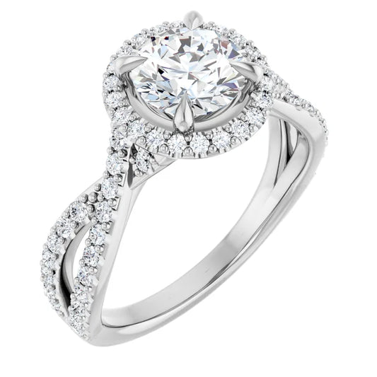 Round Brilliant White Gold Twist Band Halo Moissanite Engagement Ring  