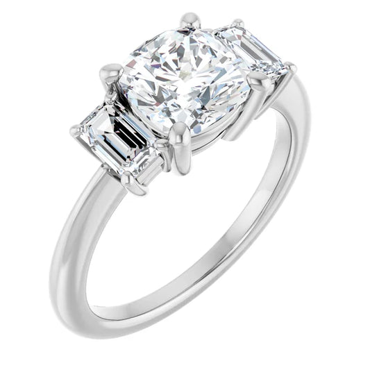 Cushion White Gold Tri Stone Moissanite Engagement Ring 