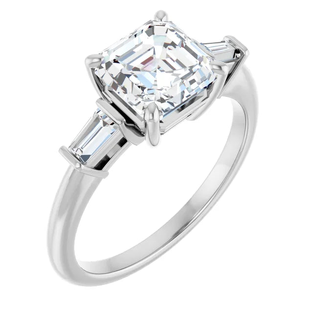 Asscher White Gold Baguette Accent Moissanite Engagement Ring 