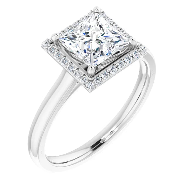 White Gold Princess Halo Solitaire Engagement Ring. Moissanite  