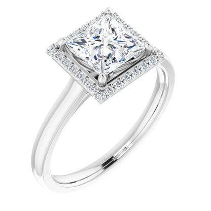 White Gold Princess Halo Solitaire Engagement Ring. Moissanite  