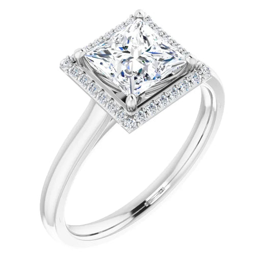 White Gold Princess Halo Solitaire Engagement Ring. Moissanite  