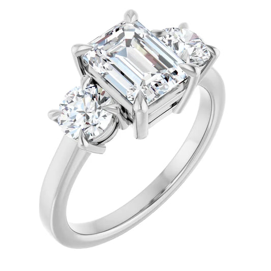 Emerald White Gold Tri Stone Moissanite Engagement Ring 