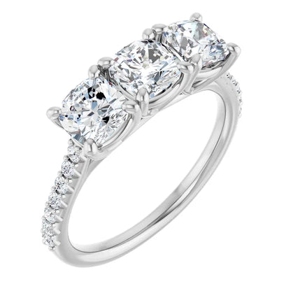 Cushion Tri -Stone Style Engagement Ring