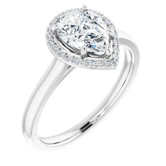 White Gold Pear Halo Solitaire Engagement Ring. Moissanite  