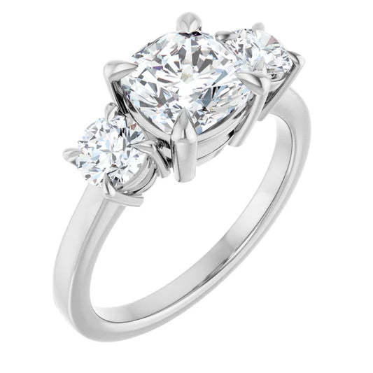 Cushion White Gold Tri Stone Moissanite Engagement Ring 
