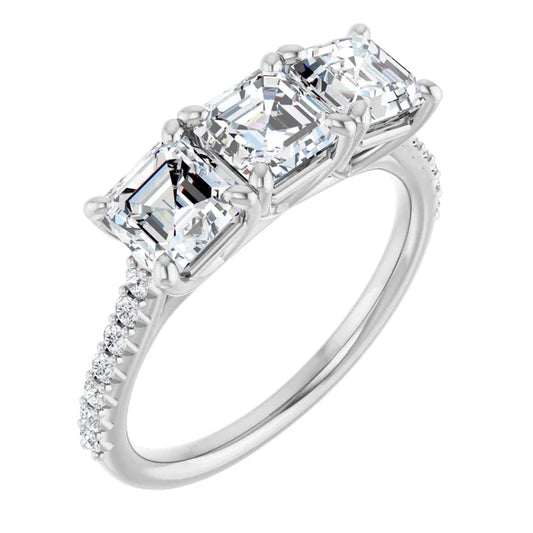 Asscher White Gold Tri Stone Moissanite Engagement Ring 