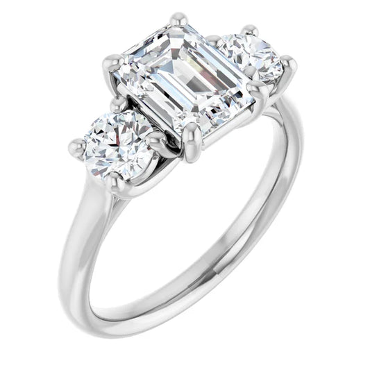 Emerald White Gold Tri Stone Moissanite Engagement Ring