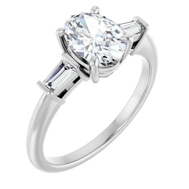 Oval White Gold Baguette Accent Moissanite Engagement Ring 