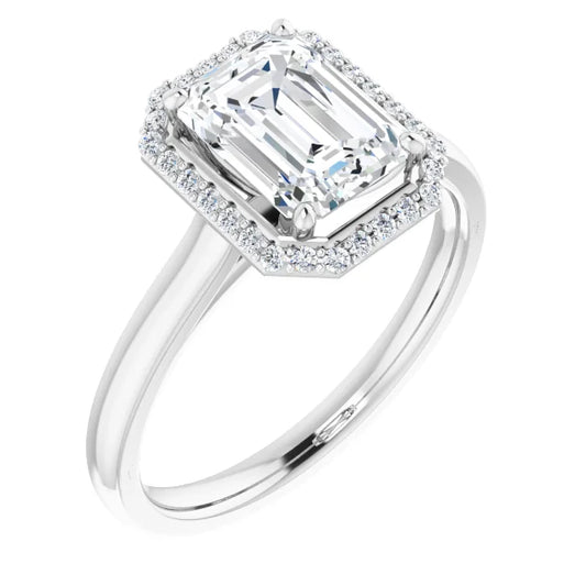 Emerald Halo Solitaire Engagement Ring White Gold. Moissanite