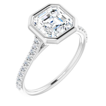 Asscher White Gold Bezel Pave Moissanite Engagement Ring 