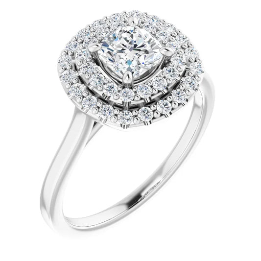 Cushion White Gold Double Halo Solitaire Moissanite Engagement Ring 