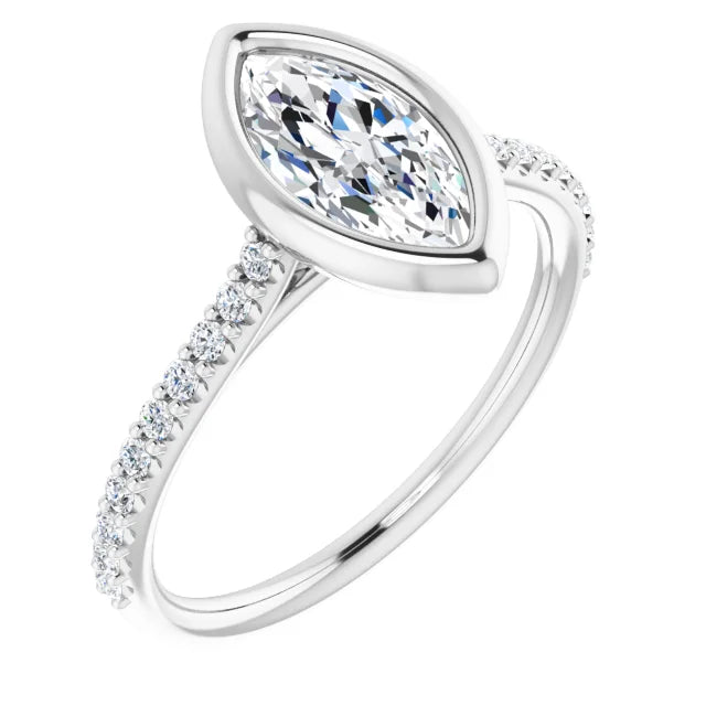 Marquise White Gold Bezel Pave Moissanite Engagement Ring 