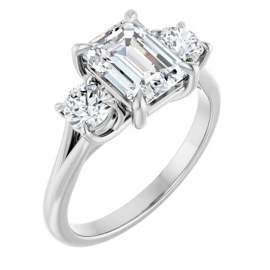 Emerald White Gold Tri Stone Moissanite Engagement Ring 