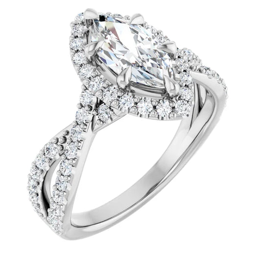 Marquise White Gold Twist Band Halo Moissanite Engagement Ring  