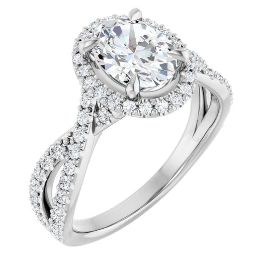 Oval White Gold Twist Band Halo Moissanite Engagement Ring  