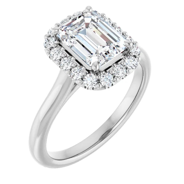 Emerald Halo Solitaire White Gold Moissanite Engagement Ring 