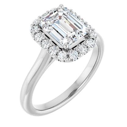 Emerald Halo Solitaire White Gold Moissanite Engagement Ring 