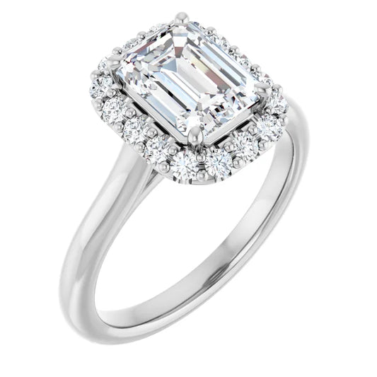 Emerald Halo Solitaire White Gold Moissanite Engagement Ring 