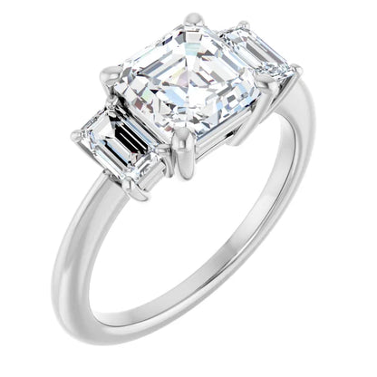 Asscher White Gold Tri Stone Moissanite Engagement Ring 