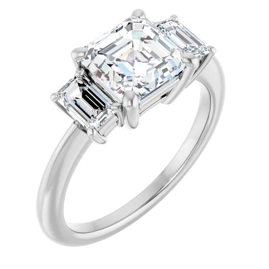 Asscher White Gold Tri Stone Moissanite Engagement Ring 
