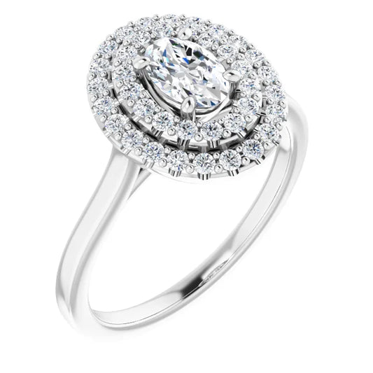 Oval White Gold Double Halo Solitaire Moissanite Engagement Ring 