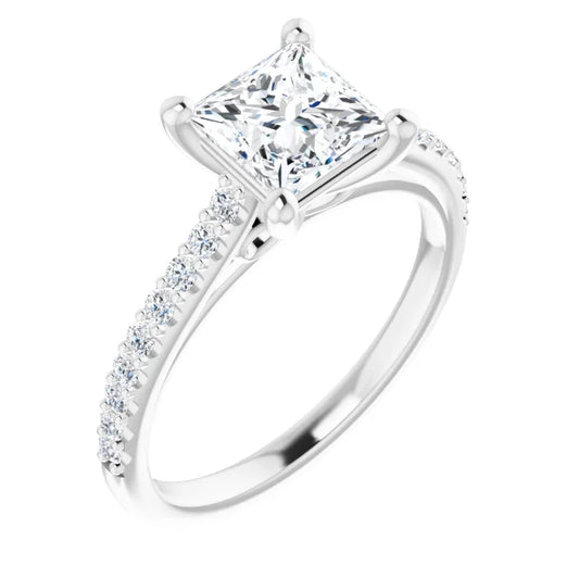 Princess White Gold Pave Style Moissanite Engagement Ring 