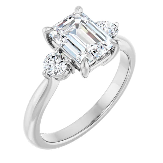 Emerald White Gold Tri Stone Moissanite Engagement Ring 