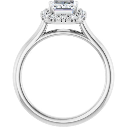 Emerald Halo Solitaire White Gold Moissanite Engagement Ring 