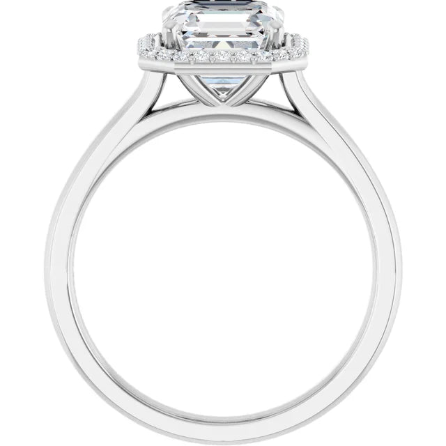 Asscher Halo Solitaire Engagement Ring White Gold. Moissanite