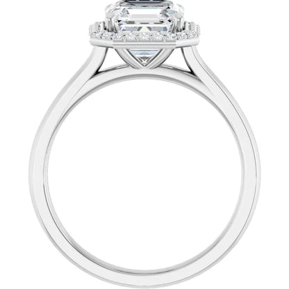 Asscher Halo Solitaire Engagement Ring White Gold. Moissanite