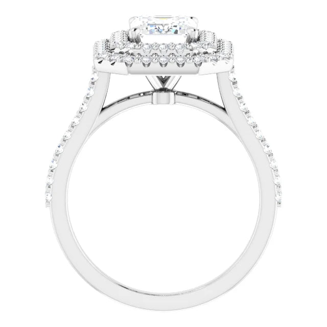Emerald Double Halo White Gold Moissanite Engagement Ring 