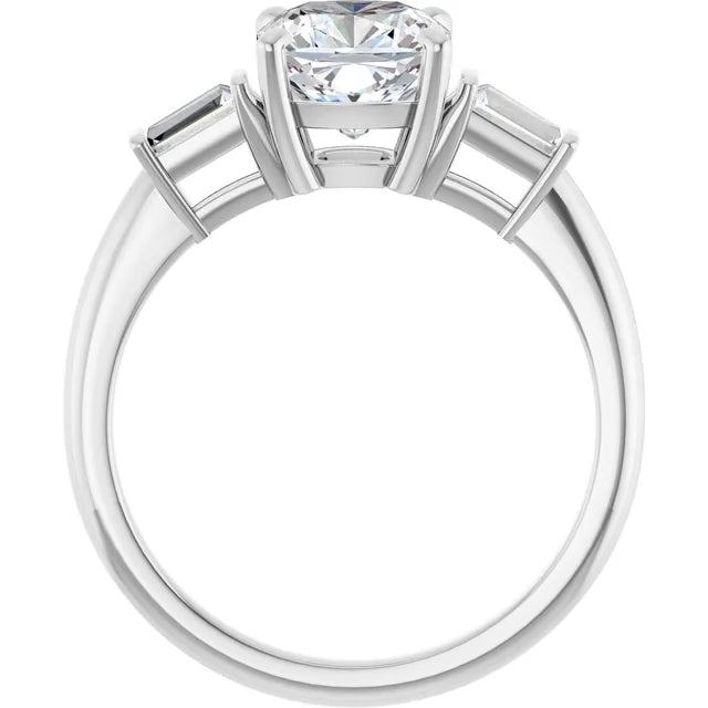 Cushion White Gold Baguette Accent Moissanite Engagement Ring 