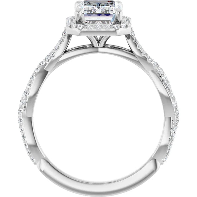 Emerald White Gold Halo Twist Pave Moissanite Engagement Ring 