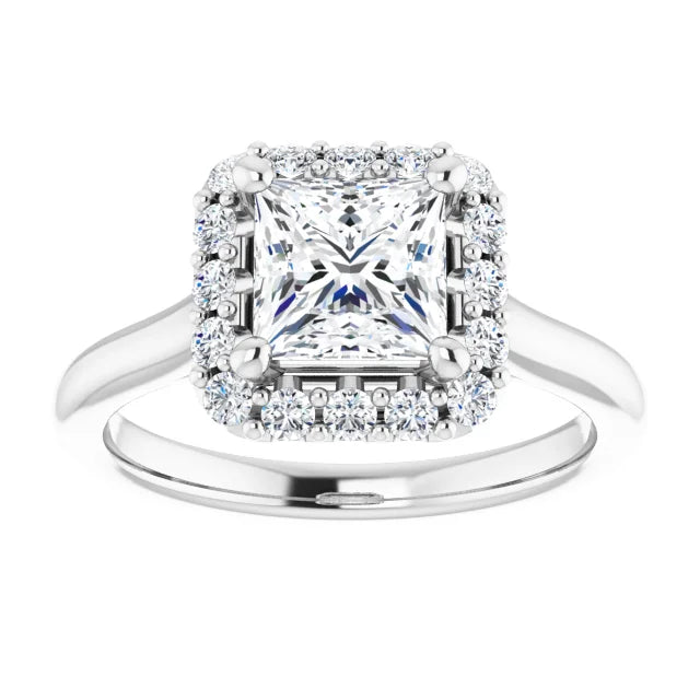 Princess Halo Solitaire White Gold Moissanite Engagement Ring 
