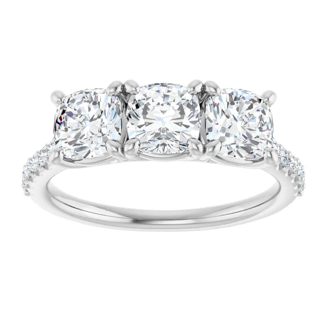 Cushion Tri -Stone Style Engagement Ring