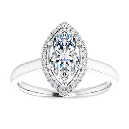 White Gold Marquise Halo Solitaire Engagement Ring. Moissanite 