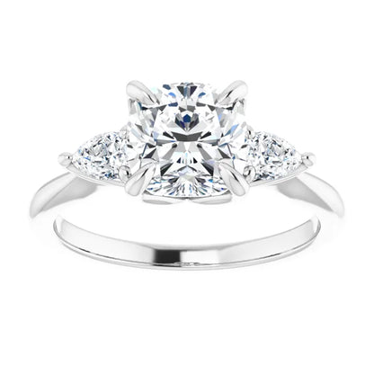 Cushion Tri -Stone Style Pear Accent Engagement Ring