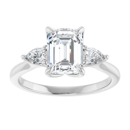 Emerald Tri -Stone Style Pear Accent Engagement Ring