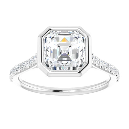 Asscher White Gold Bezel Pave Moissanite Engagement Ring 