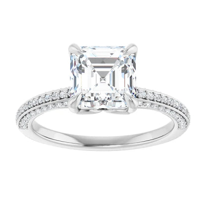 Asscher White Gold Pave Moissanite Engagement Ring 