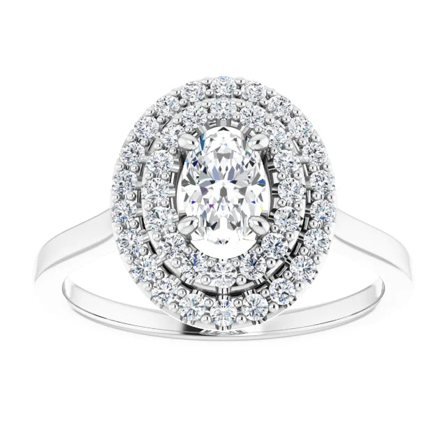 Oval White Gold Double Halo Solitaire Moissanite Engagement Ring 