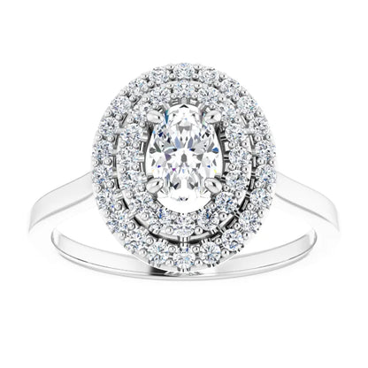 Oval White Gold Double Halo Solitaire Moissanite Engagement Ring 