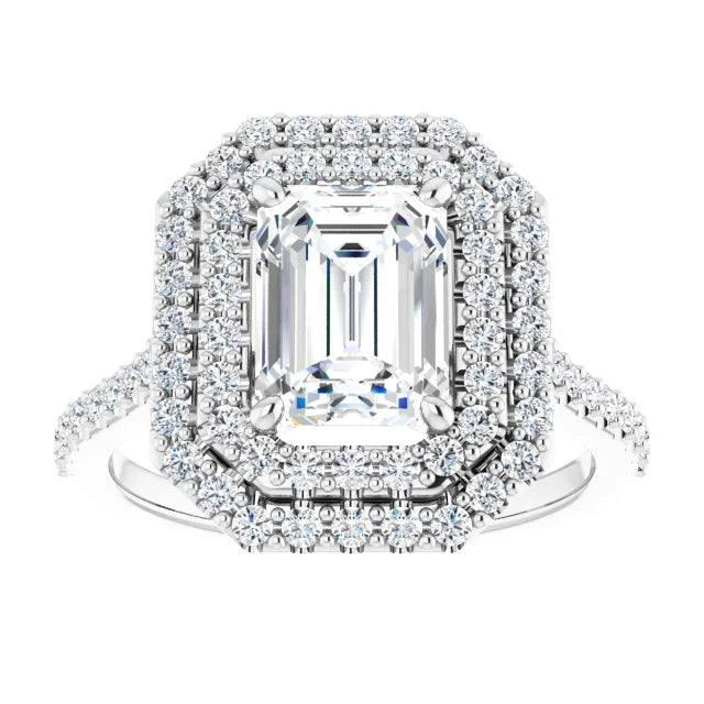 Emerald Double Halo White Gold Moissanite Engagement Ring 