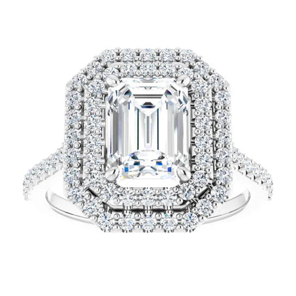 Emerald Double Halo White Gold Moissanite Engagement Ring 